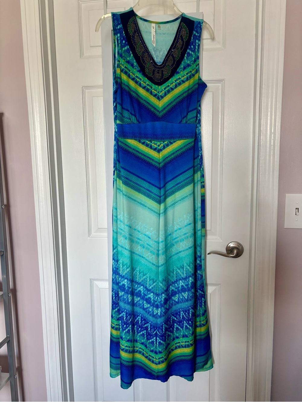 Sleeveless Blue Ombre Maxi Dress with Beaded V-Neck